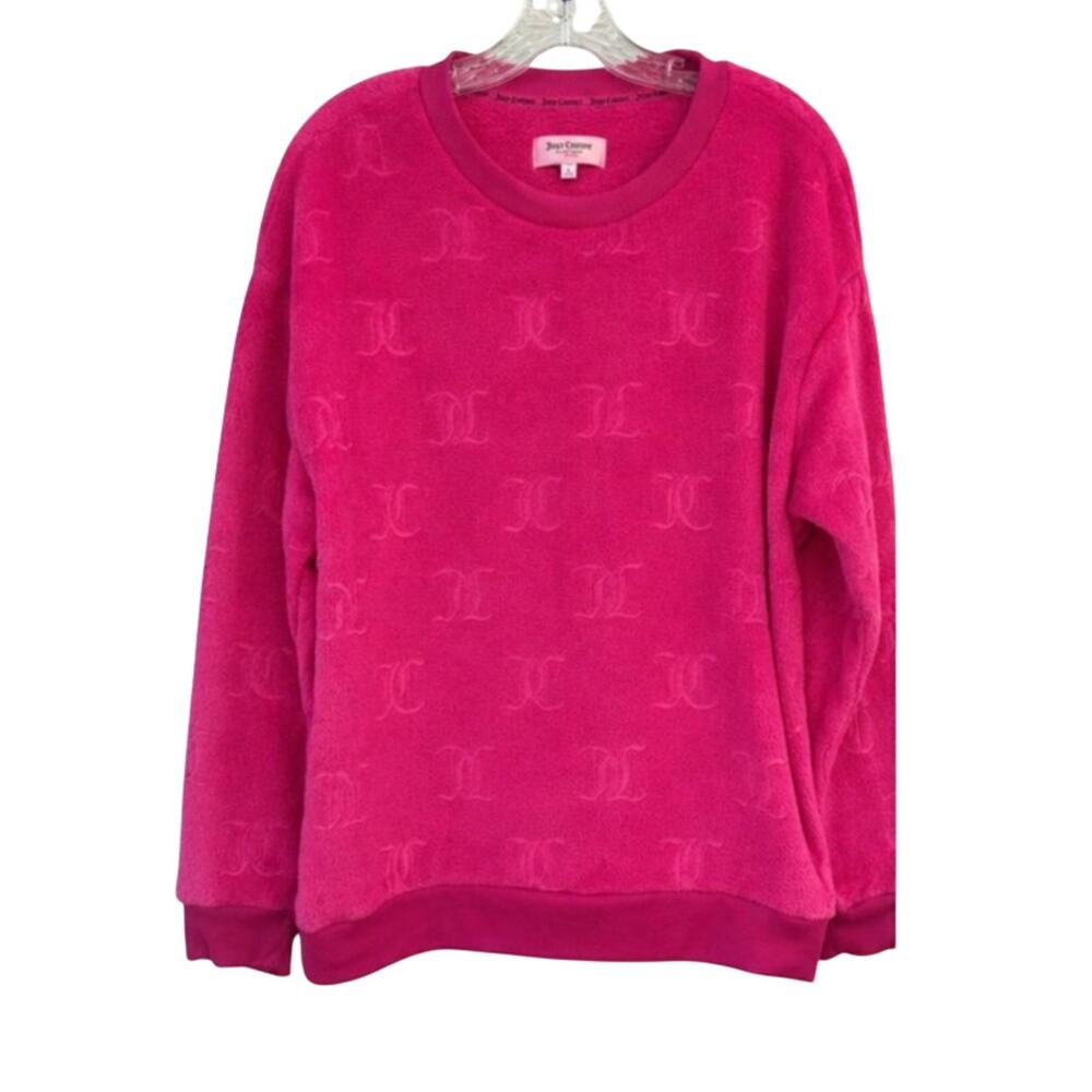 Juicy Couture Pink Velour Embossed Logo Sweatshirt Y2K Crewneck Size Large (L)